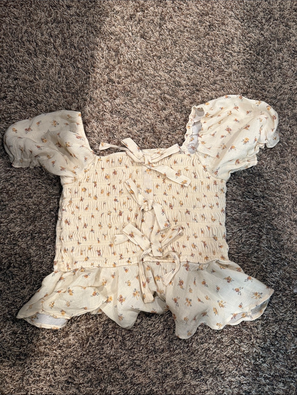 Trixxi Cream Floral Smocked Crop Top with Puff Sleeves